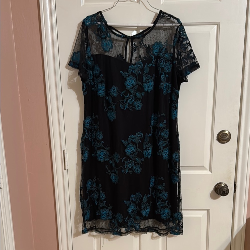 Lane Bryant Black and Blue/Turquoise Floral Sheer Mini Dress